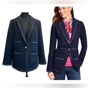 Talbots navy blue white trim tweed single breasted blazer jacket Sz 10
